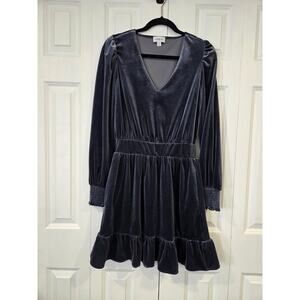 EVEREVE Blue Gray 'Fiona' Velvet Ruffle Long Sleeve Mini Dress Medium